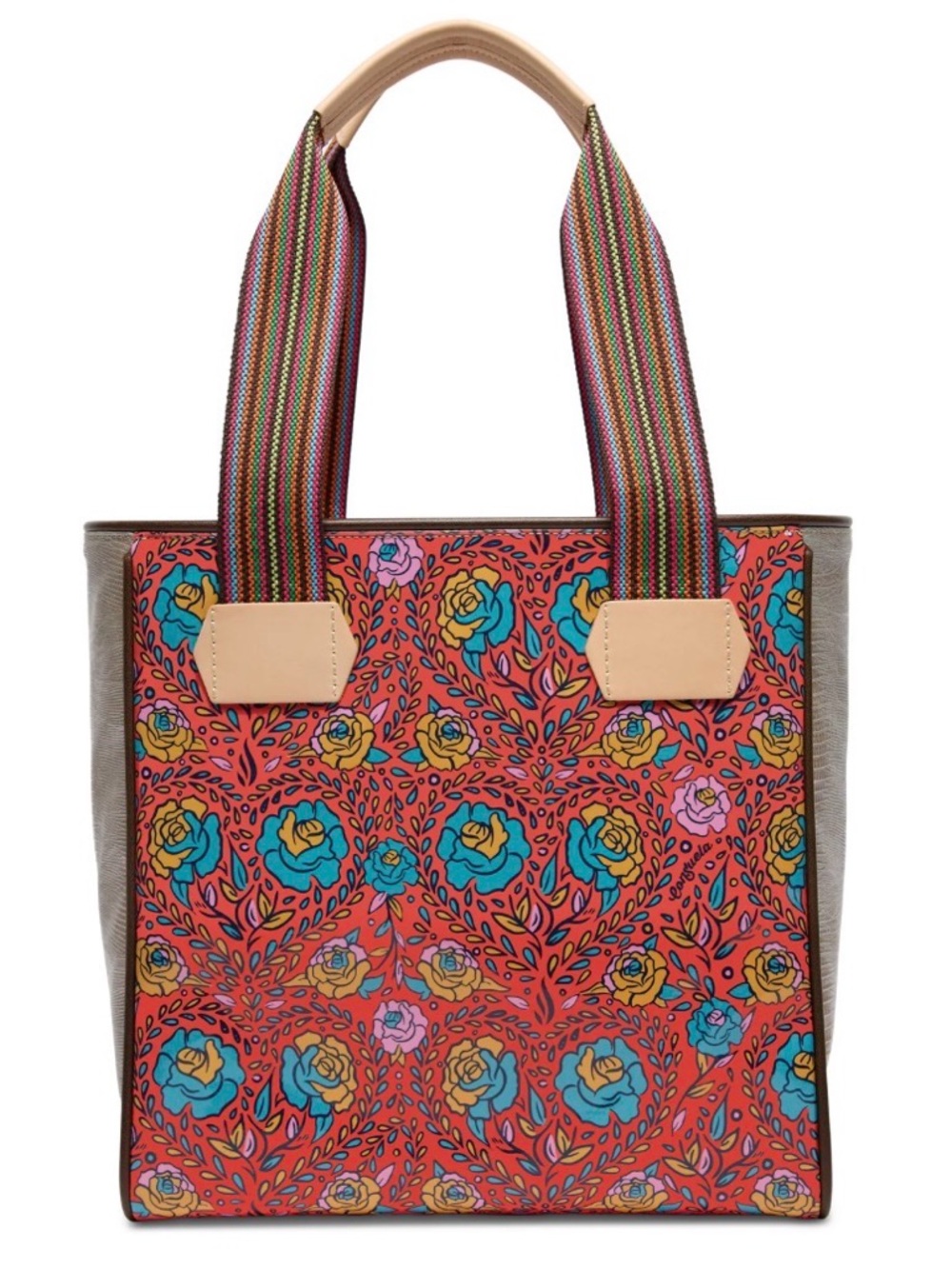Consuela Coral Floral Canvas Tote with Teal and Mustard Accents